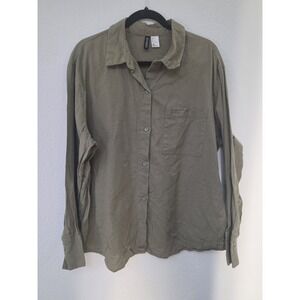 H&M Divided Button-Up Shirt Mens L Olive Green Long Sleeve Cotton Linen
